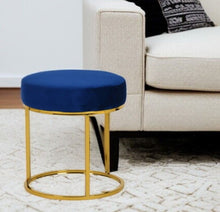Load image into Gallery viewer, Velvet Round Footstool Ottoman - Blue / Gold