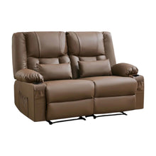 Load image into Gallery viewer, Faux Leather Manual Reclining Loveseat With Storage Toss Pillows - Brown