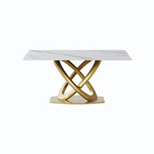 Load image into Gallery viewer, 63" Modern Artificial Stone Panel Double-Ring Stainless Steel Metal Legs, Can Accommodate 6-8 People - White / Gold