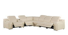 Load image into Gallery viewer, Leather Power Reclining Curved Seven Piece Corner Sectional With Console - Beige