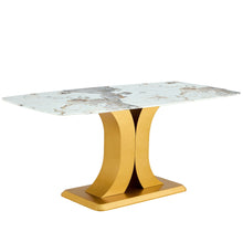 Load image into Gallery viewer, Modern Minimalist Dining Table With Imitation Marbled Glass Top And Legs For Kitchen And Living Room - Gold