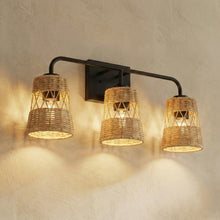 Load image into Gallery viewer, Moonlit - 3 Lights Wall Sconce With Shade, Bathroom Lighting Fixtures Over Mirror - Black / Rattan