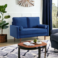 Load image into Gallery viewer, Velvet Loveseat And Toss Pillows - Blue / Dark Brown