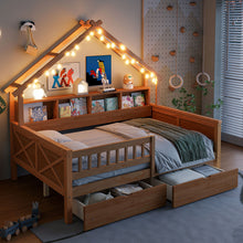 Load image into Gallery viewer, House Style Platform Bed With LED Lights, Storage Shelves, Drawers, And Guardrail