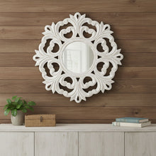 Load image into Gallery viewer, 24" Floral Scrollwork Distressed Round Framed Accent Mirror - White