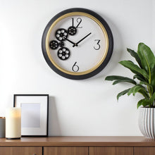 Load image into Gallery viewer, Faux Leather Analog Exposed Gear Round Wall Clock - Black / Gold / White