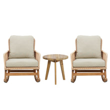 Load image into Gallery viewer, Modern 3 Piece Outdoor Seating Set With Cushioned Rattan Rocking Chairs And Wooden Accent Table