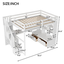 Load image into Gallery viewer, Full Size Loft Bed With Desk And Shelves, 2 Built In Drawers, Storage Staircase - White