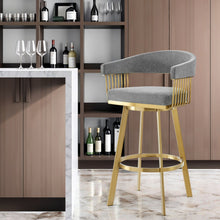 Load image into Gallery viewer, 30" Fabric And Stainless Steel Low Back Bar Height Swivel Bar Chair - Gray / Gold