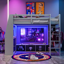 Load image into Gallery viewer, Gaming Loft Bed With Desk, Multi Storage Shelves, LED Lighting, And Hanging Clothes Rack