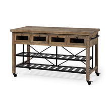 Load image into Gallery viewer, Solid Wood Top Kitchen Island With Two Tier Metal Rolling - Brown