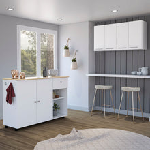 Load image into Gallery viewer, Wood Flat Door Rolling Kitchen Island Set With Storage - Oak / White