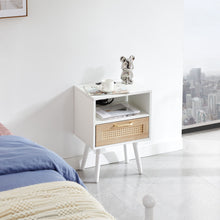 Load image into Gallery viewer, 15.75" Rattan End Table With Power Outlet & USB Ports, Modern Nightstand With Drawer And Solid Wood Legs, Side Table For Living Room, Bedroom