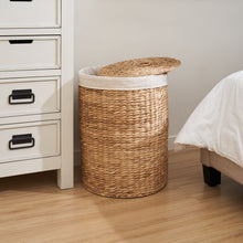 Load image into Gallery viewer, Round Tall Water Hyacinth Woven Wicker Laundry Hamper With Lid - For Clothes, Toys And Book Storage With Removable Liner - 15" X 15" X 20" - Natural Brown