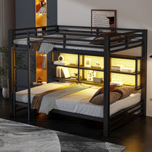 Load image into Gallery viewer, Queen Over Queen Bunk Bed With Storage Cabinets And LED Sturdy Frame, 6 Storage Units, Adjustable LED Lights - Black