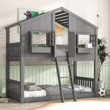 Load image into Gallery viewer, House Bunk Bed With Roof, Window, Window Box, Door, With Safety Guardrails And Ladder
