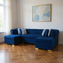 Load image into Gallery viewer, Velvet U Shaped Three Piece Sofa Chaise Sectional With Toss Pillows - Blue