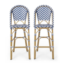 Load image into Gallery viewer, Outdoor Rattan French Barstool Set,, Bamboo, Seat Height - Navy Blue / White