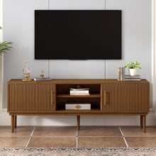 Load image into Gallery viewer, TV Stand With Vertical Slatted Doors And Sliding Panels, Solid Wood Legs - Brown