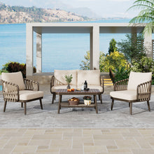 Load image into Gallery viewer, 4 Piece Outdoor Patio Furniture Set, Metal Chairs With Woven Rope U Shaped Backrest