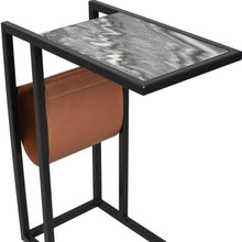 Load image into Gallery viewer, Marble Leather Iron End Table With Magazine Holder - Black / White / Brown