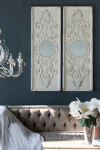 Load image into Gallery viewer, Large Wooden Wall Art Panels With Distressed Round Mirror Accents (Set of 2) - White