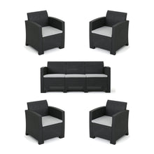 Load image into Gallery viewer, Outdoor Faux Wicker Rattan Style Chat Set With Water Resistant Cushions, 5 Pieces Set - Charcoal / Light Gray