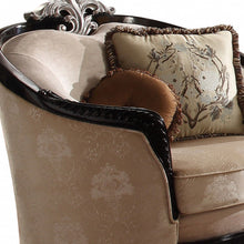Load image into Gallery viewer, Fabric And Black Ornate Frame Damask Arm Chair With Accent Pillows - Tan