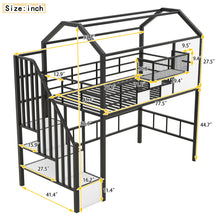 Load image into Gallery viewer, Metal Loft Bed With Roof Design And Storage Box With Guardrails And Integrated Ladder