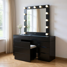 Load image into Gallery viewer, 62" Wood And Glass Six Drawer Vanity Table With Mirror Seating And Lights - Black