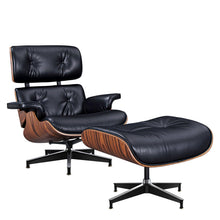 Load image into Gallery viewer, 28" Tufted Genuine Leather Lounge Chair With Ottoman - Black / Rosewood