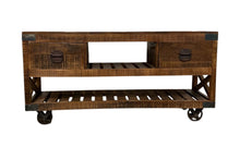 Load image into Gallery viewer, Solid Wood Distressed Wheel Console Table With Shelves And Drawers - Brown And Black