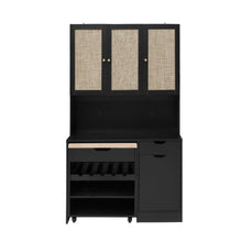 Load image into Gallery viewer, Kitchen Pantry Storage Cabinet, Modern Buffet Cabinet With Kitchen Cart, Tall Kitchen Hutch Cabinet With Microwave Stand, Food Pantry Cabinet With 3 Rattan Doors And Adjustable Shelves - Black