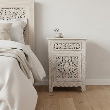 Load image into Gallery viewer, One Drawer Carved Floral Solid Wood Nightstand - Distressed White