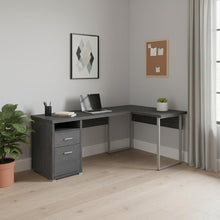 Load image into Gallery viewer, 79" Taupe and Silver L Shape Computer Desk With Two Drawers