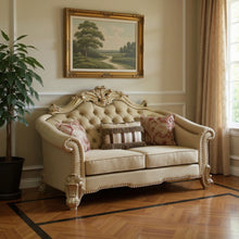 Load image into Gallery viewer, Faux Leather Loveseat And Toss Pillows - Gold / Bone