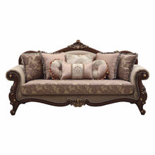 Load image into Gallery viewer, Polyester Blend Curved Floral Sofa And Toss Pillows With Brown Legs - Beige