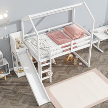 Load image into Gallery viewer, House Loft Bed With Slide, Storage Shelves And Light, Climbing Ramp