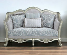 Load image into Gallery viewer, Damask Linen Curved Loveseat And Toss Pillows - Light Gray / Champagne