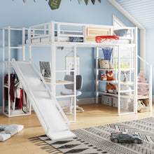 Load image into Gallery viewer, Loft Bed With Built In Desk, Open Wardrobe, Basketball Hoop, Slide And Staircase