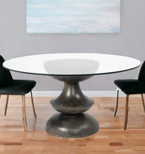 Load image into Gallery viewer, 60" Rounded Glass And Solid Manufactured Wood Pedestal Base Dining Table - Brown