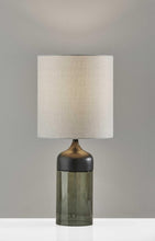Load image into Gallery viewer, 23" Black Wood And Smoked Glass Bedside Lamp With Gray Drum Shade