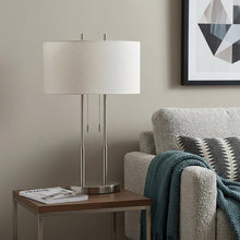 Load image into Gallery viewer, 27" Silver Metal Two Light Bedside Lamp With Off White Drum Shade