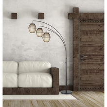 Load image into Gallery viewer, 82" Bronze Three Light Tree Floor Lamp With Beige Wicker Cage Shade