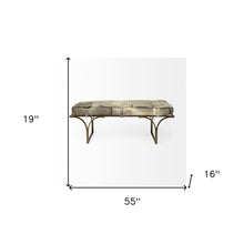 Load image into Gallery viewer, 55" Gray and Antiqued Brass Faux Fur Upholstery Bench