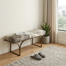 Load image into Gallery viewer, 55" Gray and Antiqued Brass Faux Fur Upholstery Bench