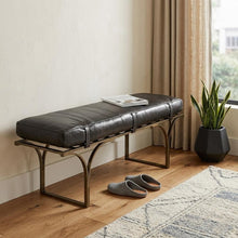 Load image into Gallery viewer, 16" Black And Antiqued Brass Upholstered Genuine Leather Bench