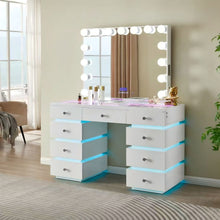 Load image into Gallery viewer, LED Lighted Makeup Vanity Desk With 15 Bulbs Mirror, RGB Light Drawers, 9 Drawers Dressing Table For Bedroom - Gloss White