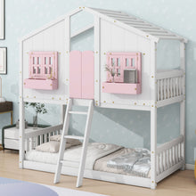 Load image into Gallery viewer, House Bunk Bed With Roof, Window, Window Box, Door, With Safety Guardrails And Ladder