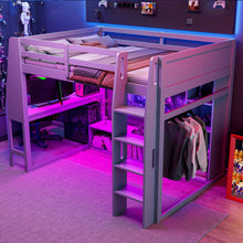 Load image into Gallery viewer, Full Size Gaming Loft Bed With Desk, Multi Storage Shelves, LED Lighting, And Hanging Clothes Rack - Gray